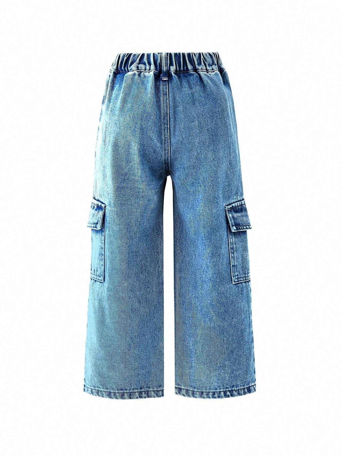 Young Girl Flap Pocket Side Wide Leg Jeans