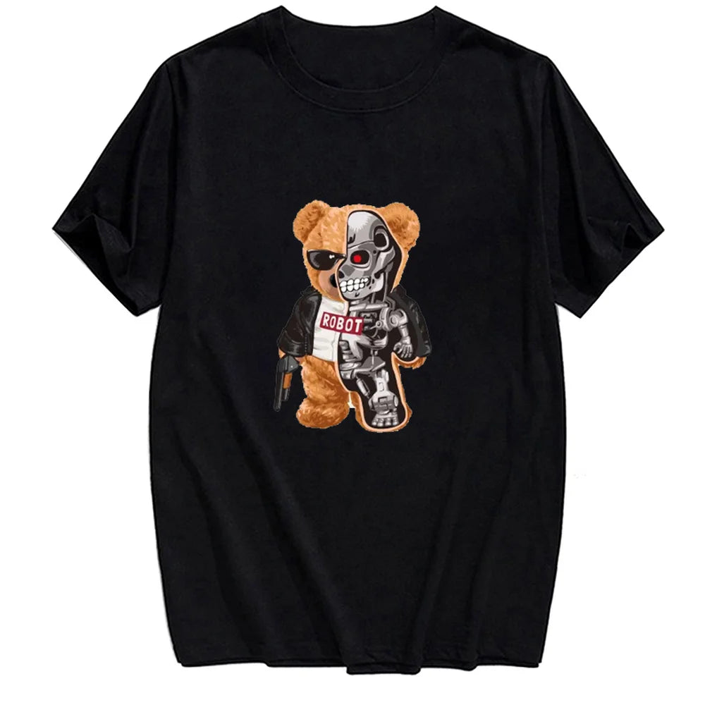 Pure Cotton T-Shirt Fashion Summer Bear and Robot T-Shirt 3D Printed Men for Women Shirts Tops Funny Cotton Black Tees