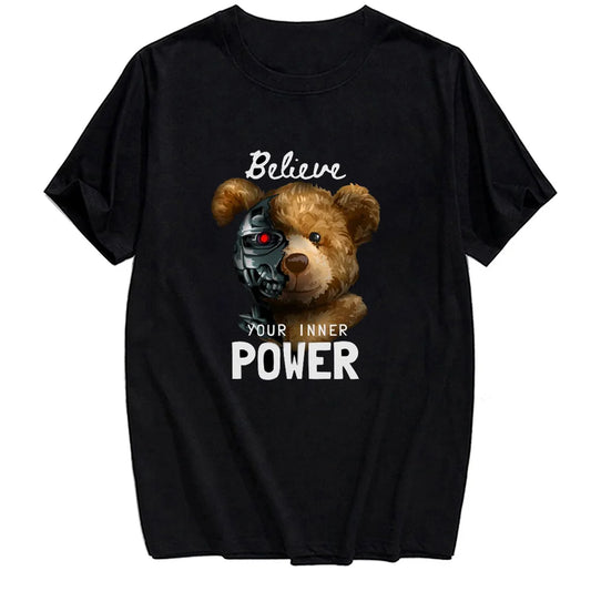 Pure Cotton T-Shirt Fashion Summer Bear and Robot T-Shirt 3D Printed Men for Women Shirts Tops Funny Cotton Black Tees