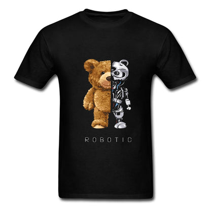 Pure Cotton T-Shirt Fashion Summer Bear and Robot T-Shirt 3D Printed Men for Women Shirts Tops Funny Cotton Black Tees