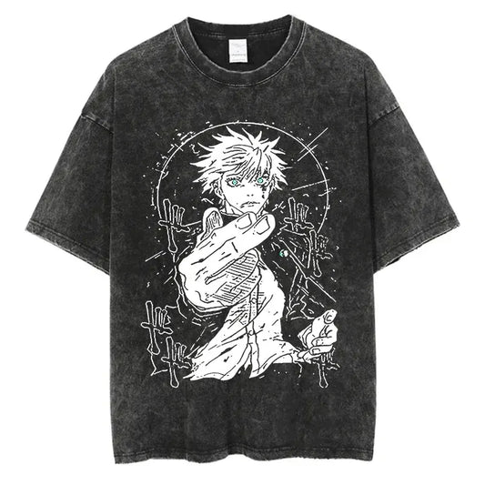 Anime Washed Tshirt Harajuku Summer 100% Cotton Short Sleeve Oversize Tees Vintage Streetwear T-Shirt