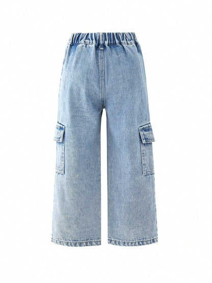 Young Girl Flap Pocket Side Wide Leg Jeans