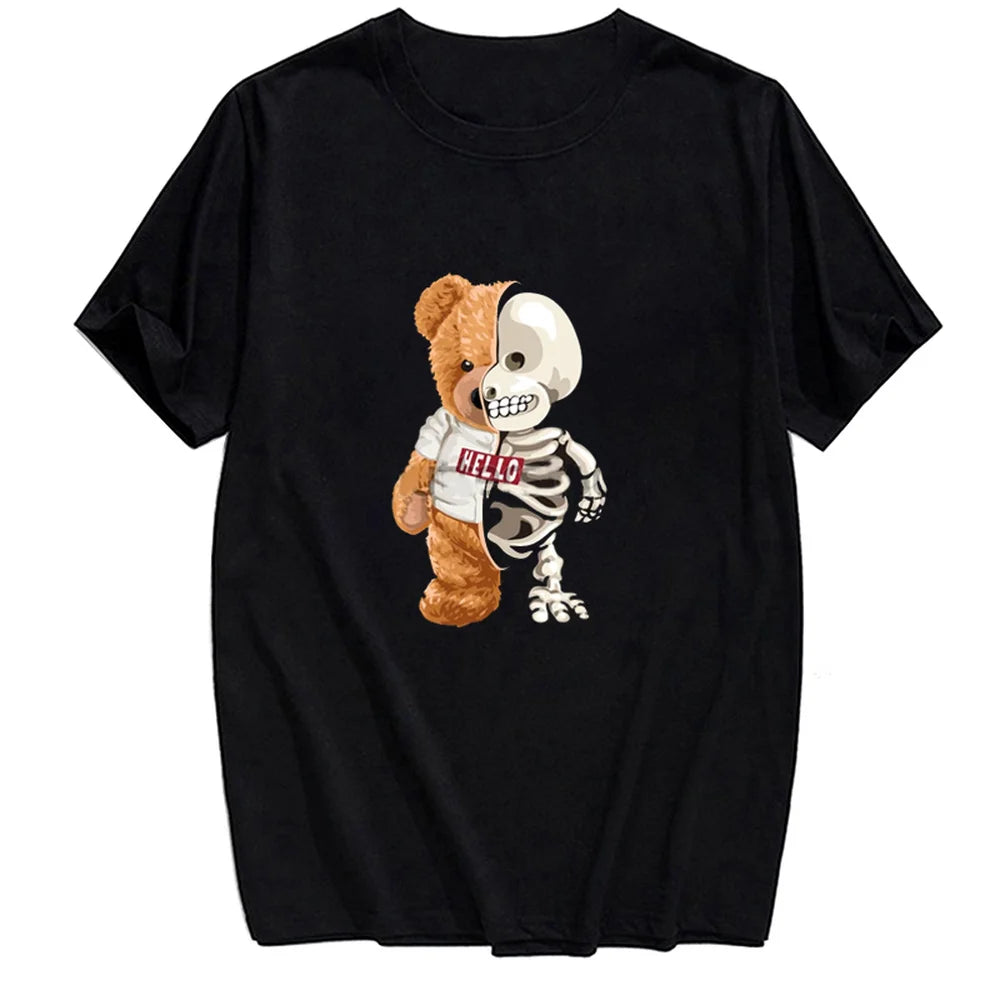 Pure Cotton T-Shirt Fashion Summer Bear and Robot T-Shirt 3D Printed Men for Women Shirts Tops Funny Cotton Black Tees